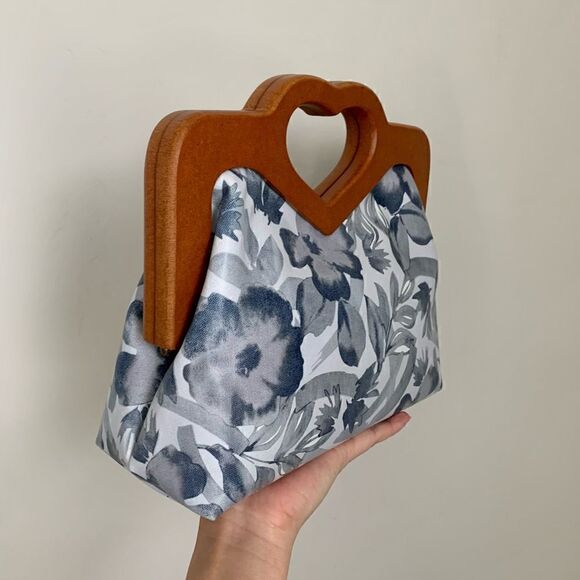 Handmade Genuine Leather Printed Floral Wooden Frame Bag with Small Purse Set - Picture 9 of 16